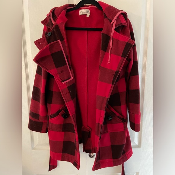 XL Vintage red plaid fleece coat with hood and belt - Picture 5 of 5